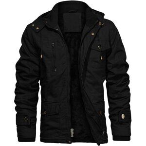 Mens Black Thick Winter Jacket Hooded Fleece Lined Cotton Military Coat